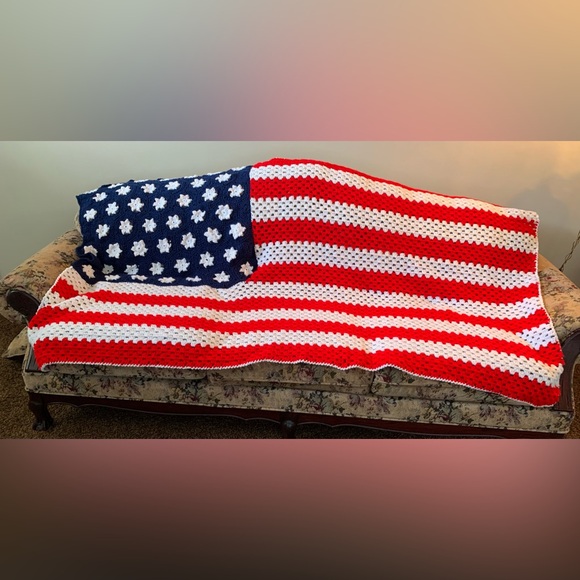 American Flag Afghan Blanket NEW Vintage Handmade Crochet - Picture 1 of 14